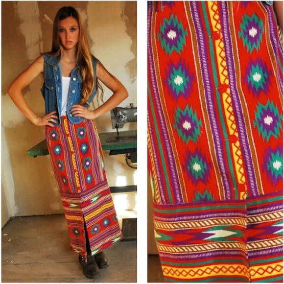Vintage 1960s 1970s Southwestern Print Maxi Skirt High Rise Waisted Red Size XS - Picture 11 of 13